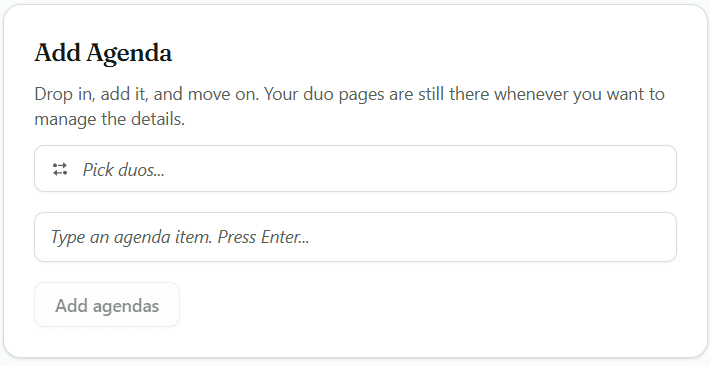Duogenda dashboard showing agenda creation and open action items.