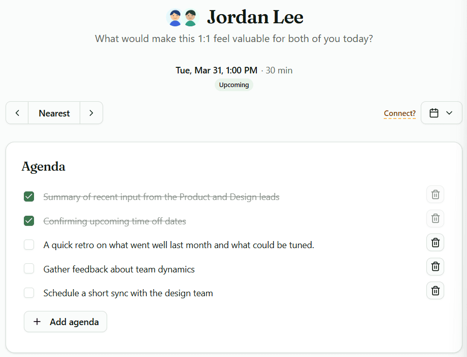 Duogenda duo detail page showing agenda, action items, private notes, and schedule navigation.