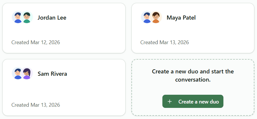 Duogenda duos page showing 1:1 cards and the create duo call to action.